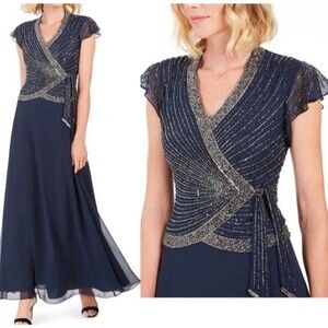 JKara Navy Cap Sleeve V-Neck Faux Wrap Flapper Beaded Chiffon Formal Dress 14